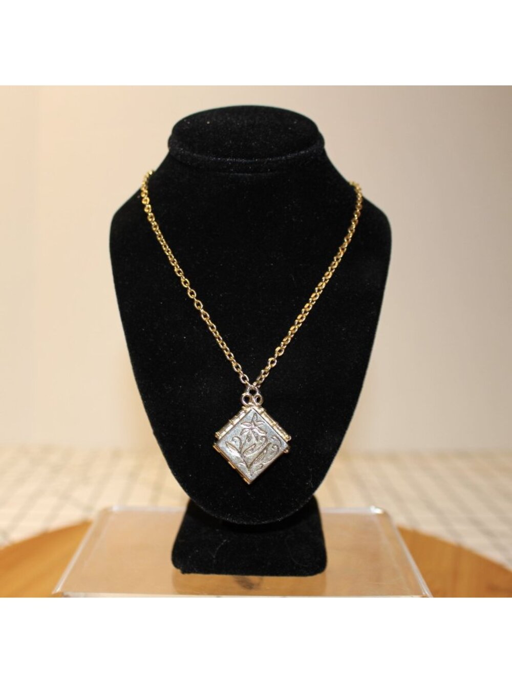 Vintage Two Tone Book Locket Necklace Gold Ornate Starburst Silver Floral